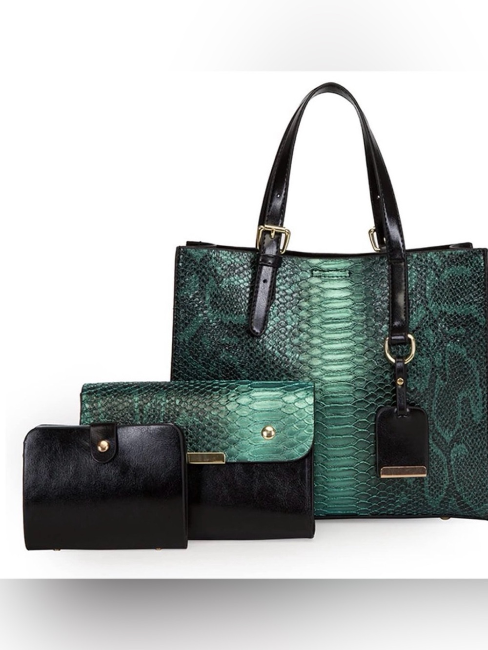 Green and Black Faux Crocodile-Embossed Tote with Matching Wallets